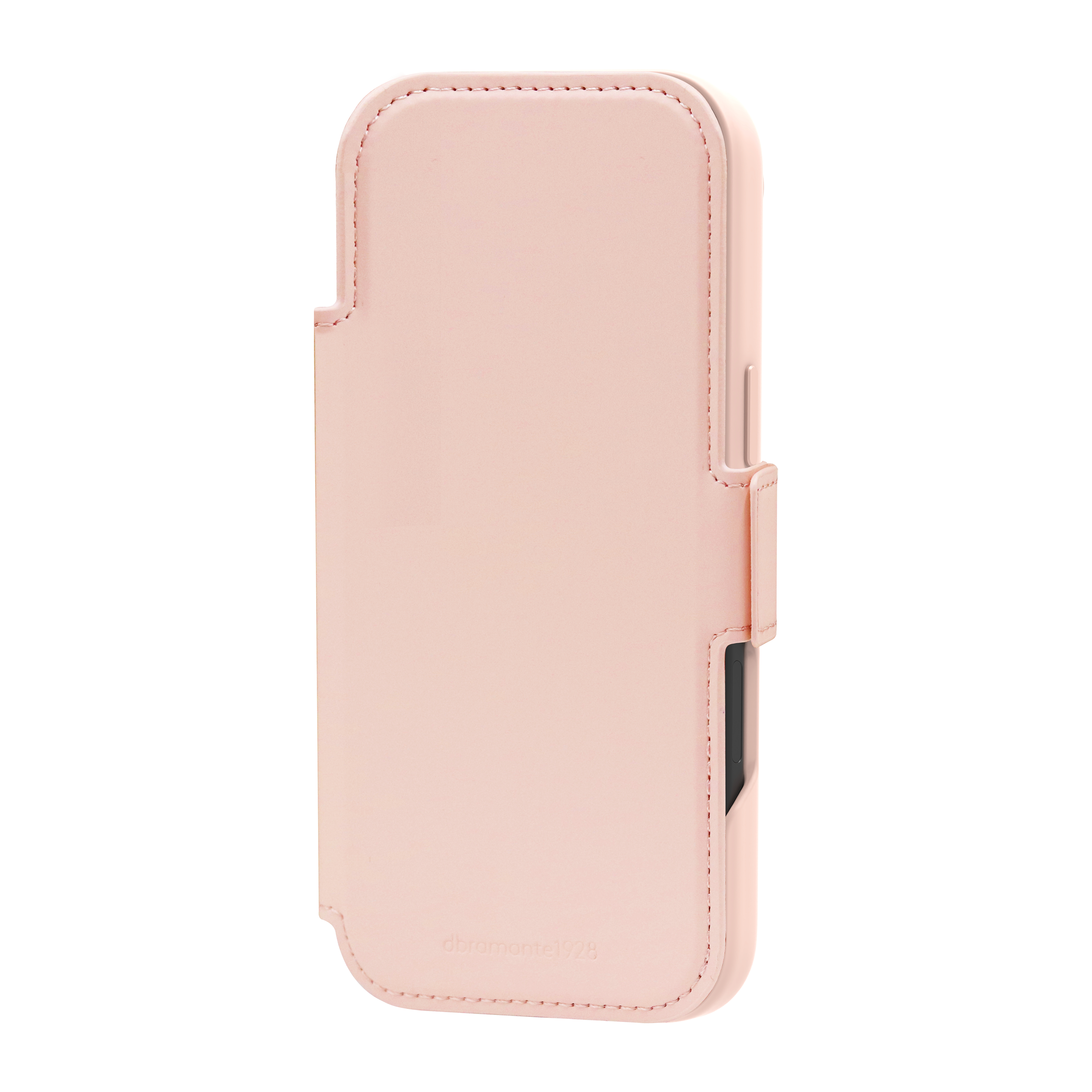 Una custodia per telefono in pelle rosa chiaro è in piedi. La custodia è chiusa con una piccola cinghia.
