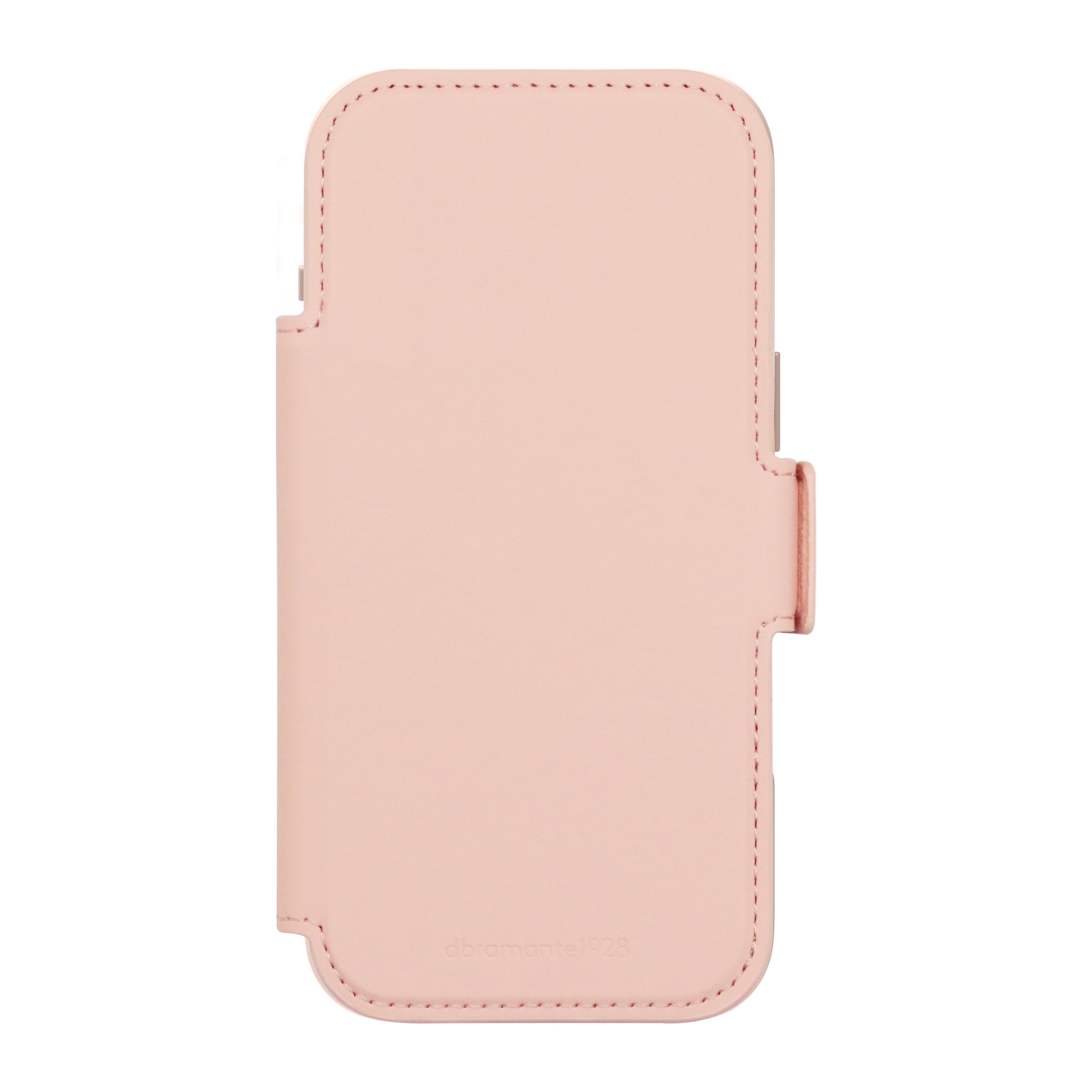 Custodia per telefono in pelle rosa con chiusura magnetica. Bordi cuciti e nome del marchio visibili.