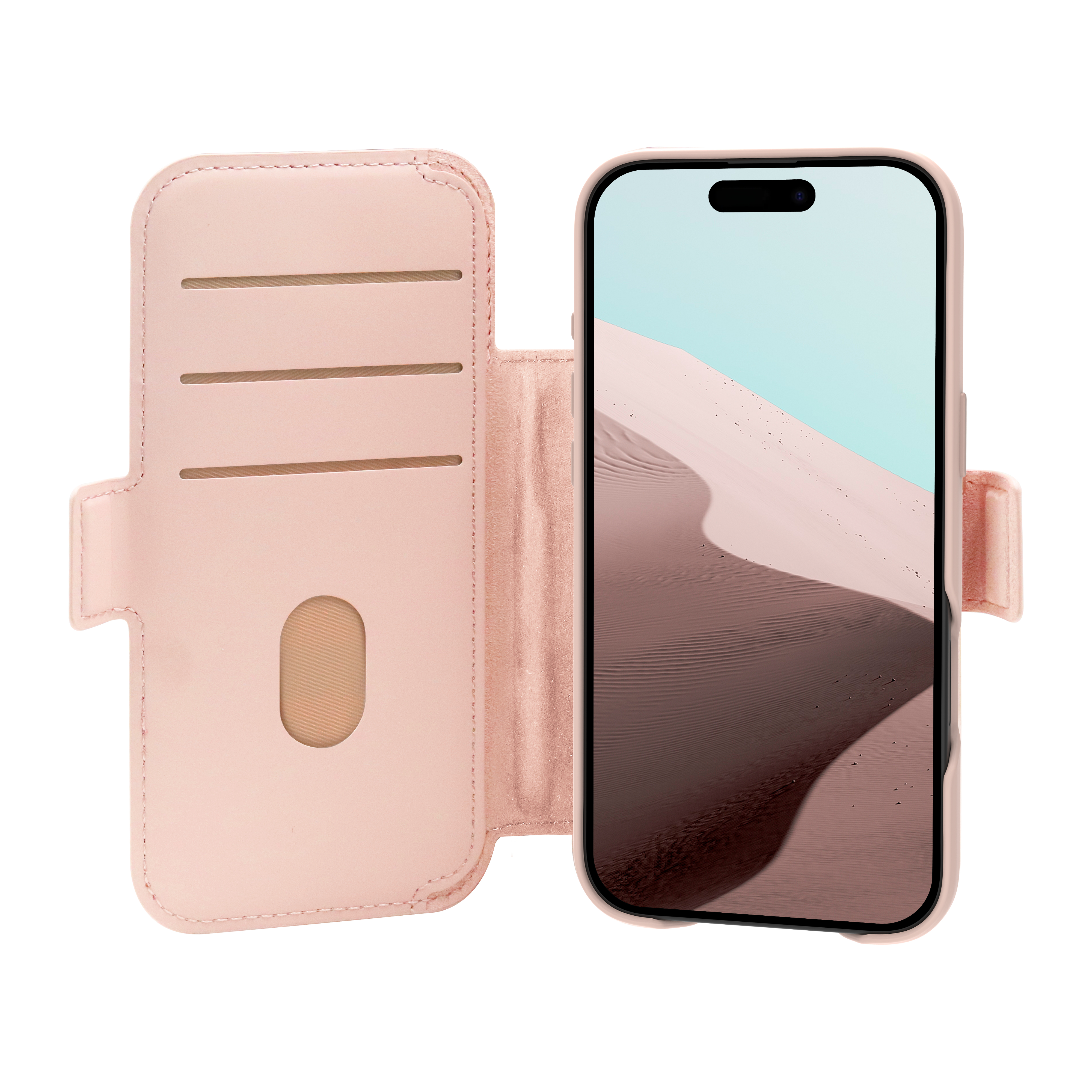 Una custodia rosa con un telefono che mostra una scena desertica è aperta.