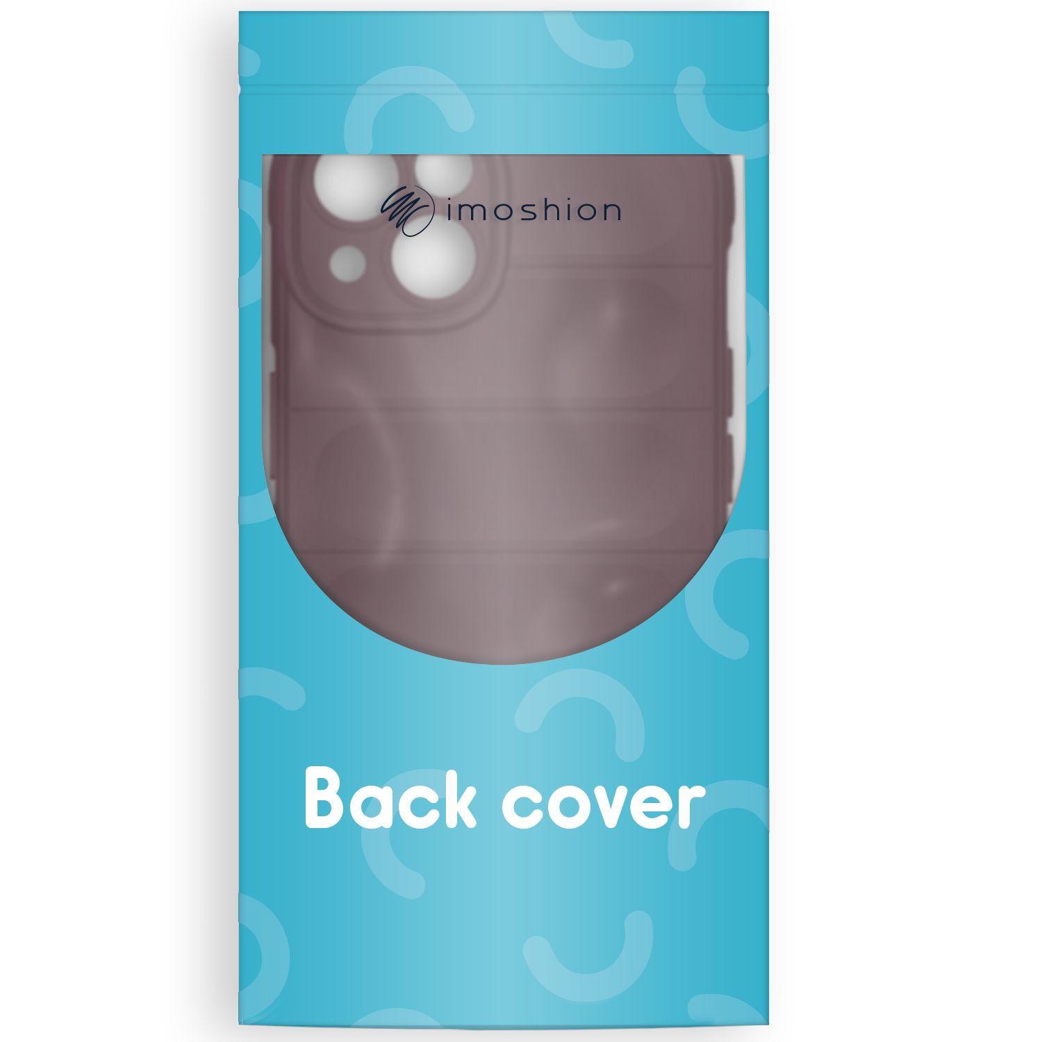 Een telefoonachterkant in een blauwe verpakking. De hoes is bruin en de verpakking heeft de tekst 'Back cover'.