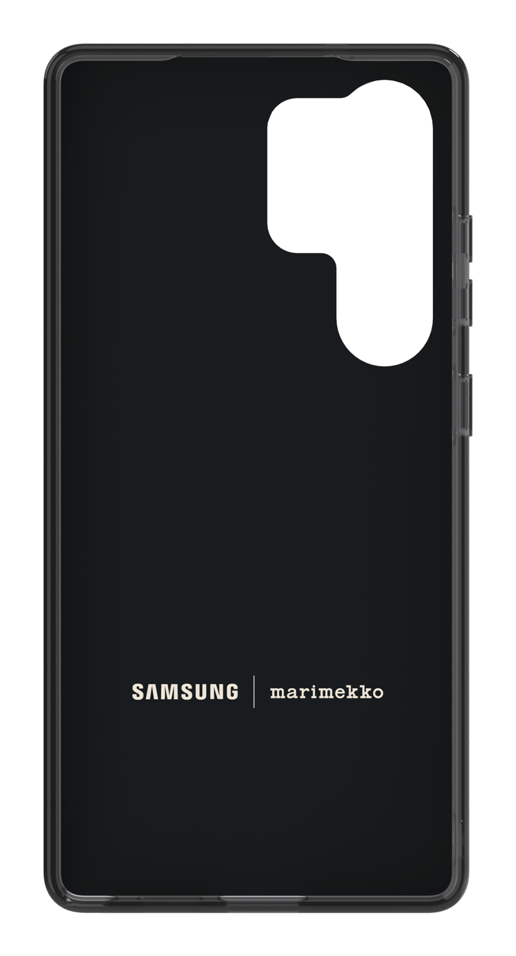 Schwarze Handyhülle mit weißem Ausschnitt für die Kamera. Die Logos von Samsung und Marimekko sind unten weiß gedruckt.