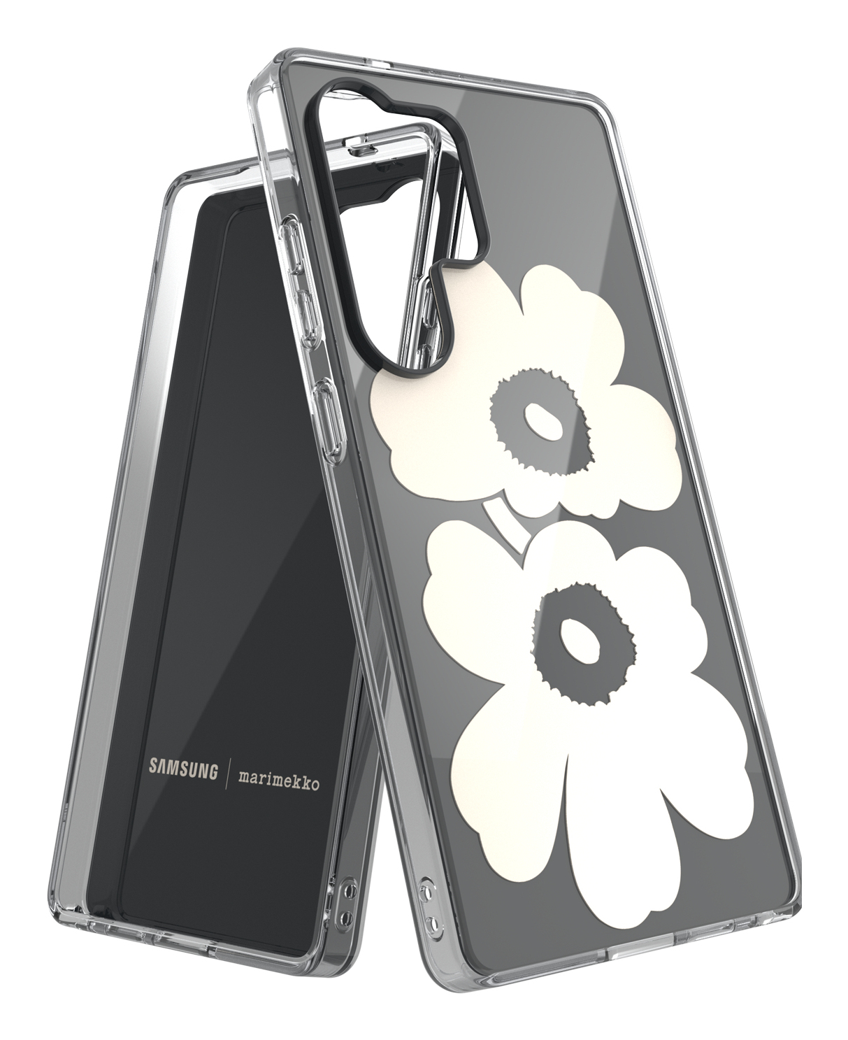 Transparente Handyhülle mit weißem Blumendesign, zweiteilig. Die Handyhülle hat Logos von Samsung und Marimekko.