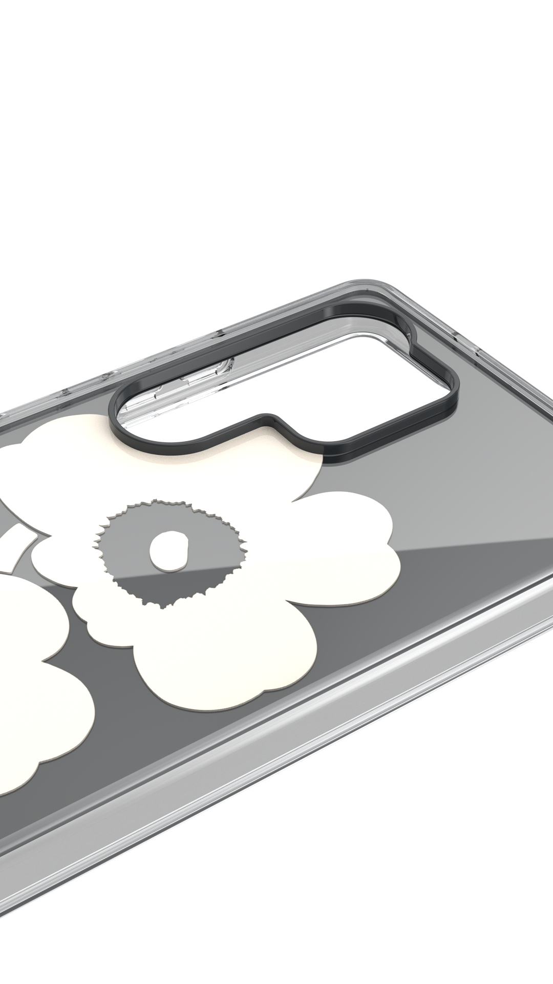 Eine klare Handyhülle mit floralem Design. Die Hülle hat einen schwarzen Rahmen um den Kameraausschnitt und weiße Blumen.
