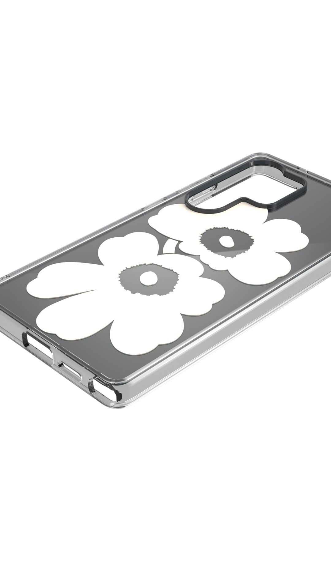Transparente Handyhülle mit zwei weißen Blumendesigns auf grauem Hintergrund und einem transparenten Rahmen auf weißem Grund.