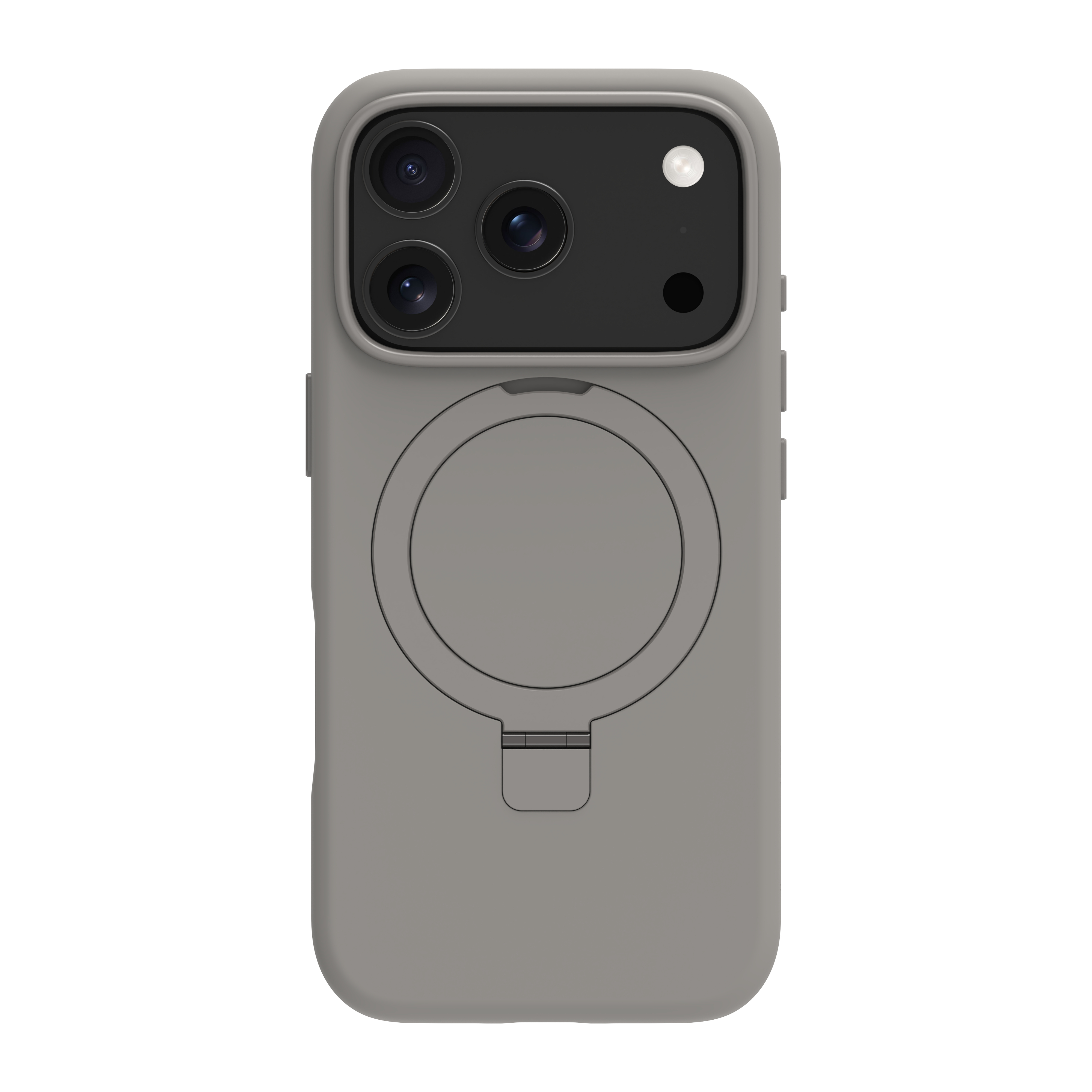 Una custodia grigia per telefono con attacco magnetico circolare. Ha un ritaglio per la fotocamera con tre lenti e un flash.