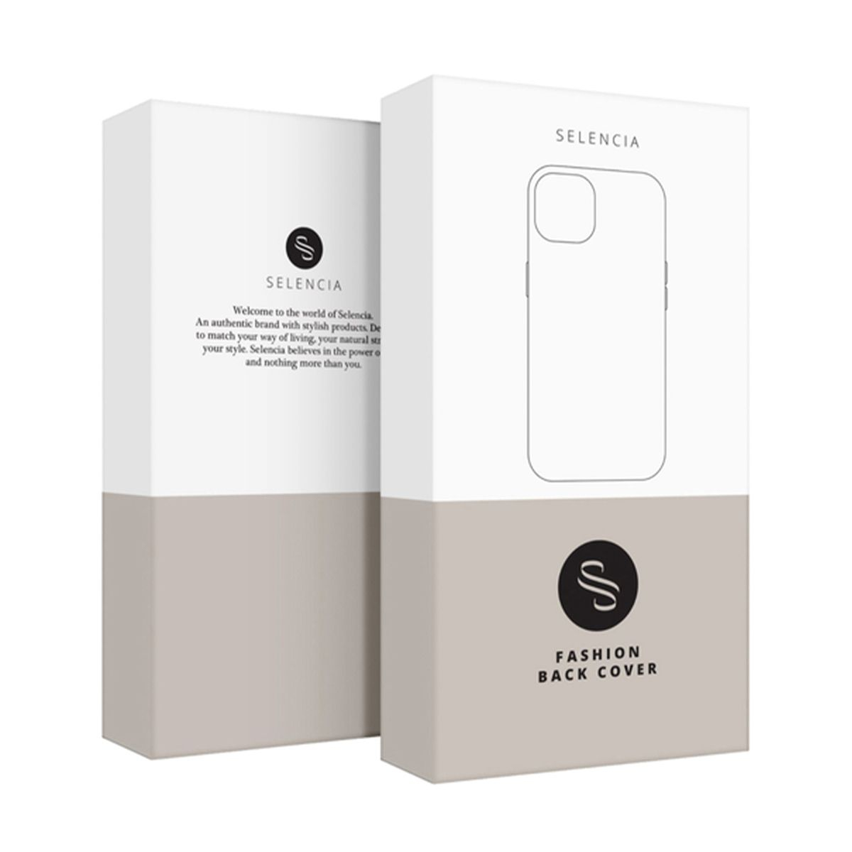 Twee productdozen met Selencia-branding. Eén toont een telefoonhoesje-omtrek, de andere tekst. Beide hebben witte en beige secties.