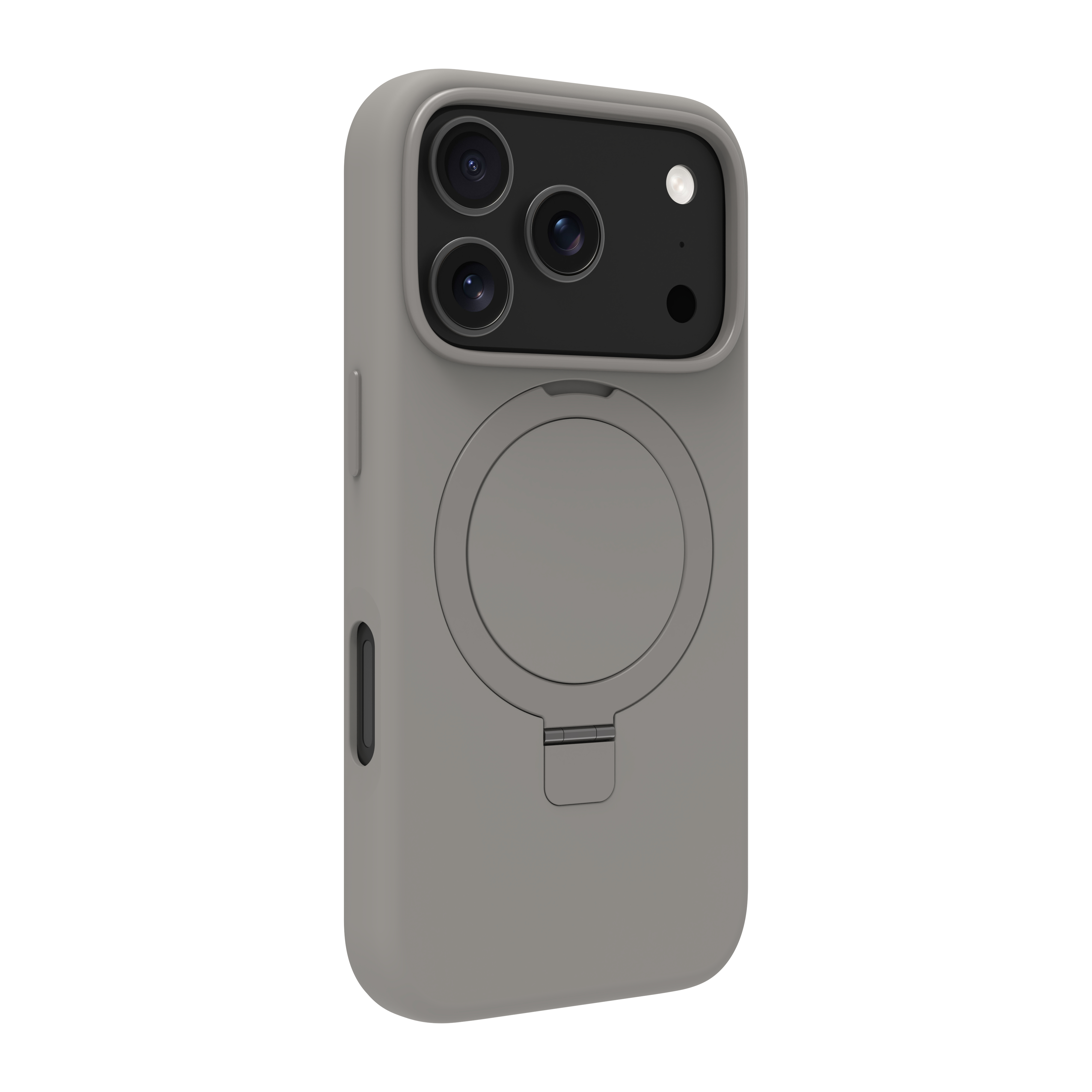 Una custodia grigia per telefono con ritagli per fotocamera e un accessorio circolare su sfondo bianco.