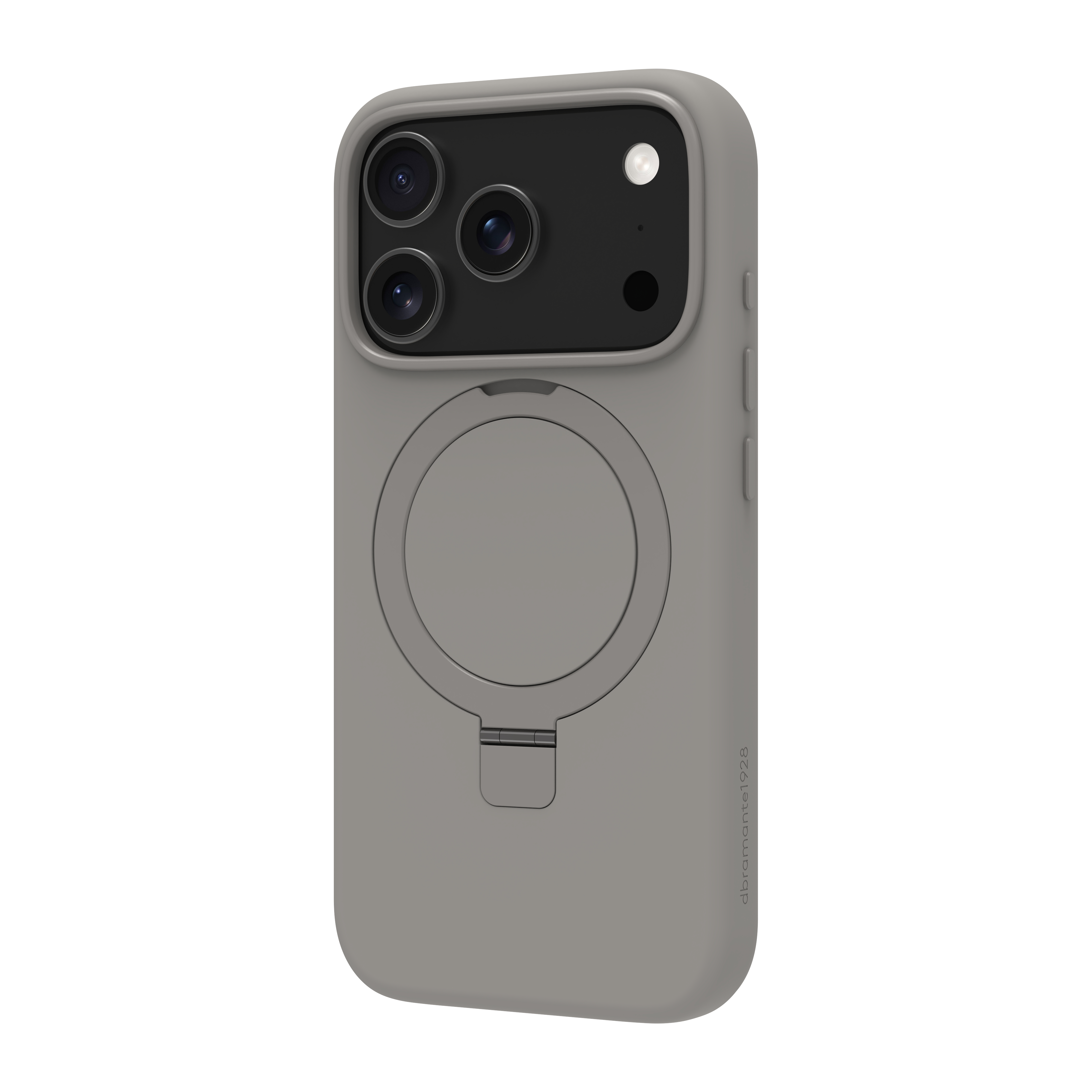 Una custodia grigia per telefono con un rigonfiamento per la fotocamera e un magnete circolare. Sfondo bianco.