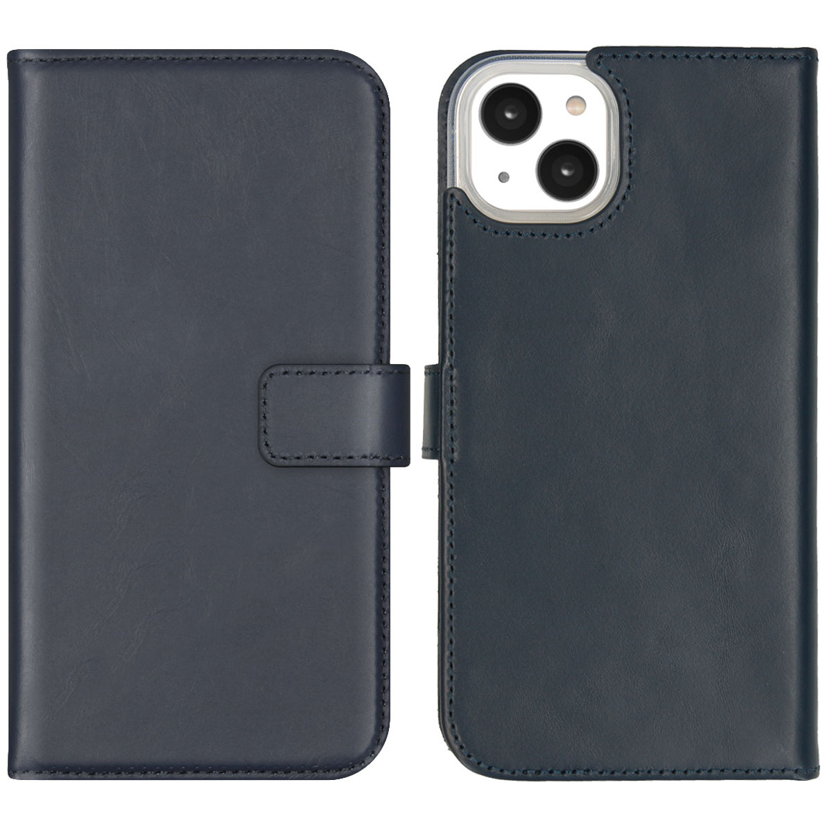 Un étui de téléphone en cuir bleu foncé, ouvert pour révéler le dos du téléphone. L'étui a une fermeture magnétique et des coutures.