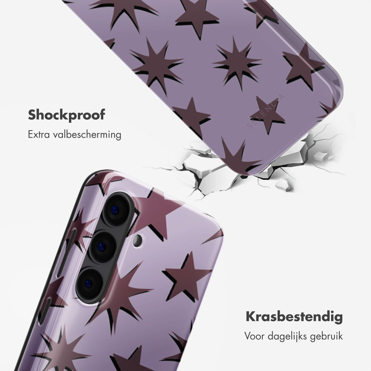 Twee telefoonhoesjes met sterpatronen, een gebarsten tegen een wit oppervlak, tekst: 'Schokbestendig' en 'Krasbestendig'.