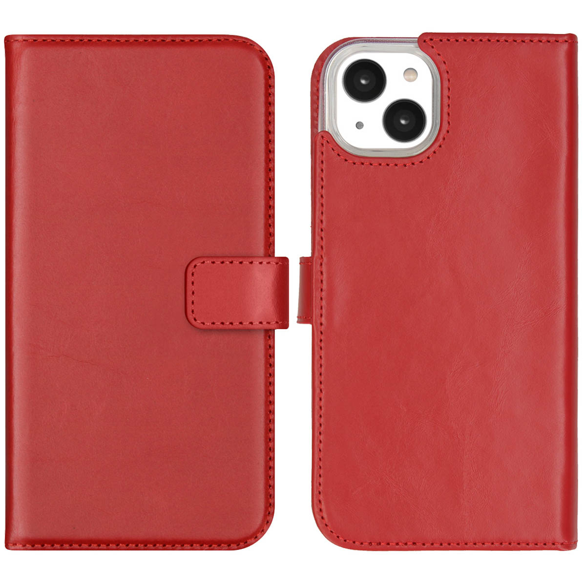 Un étui de téléphone en cuir rouge, ouvert vers la droite. Il a des coutures sur les bords et une fermeture. Le téléphone est visible.