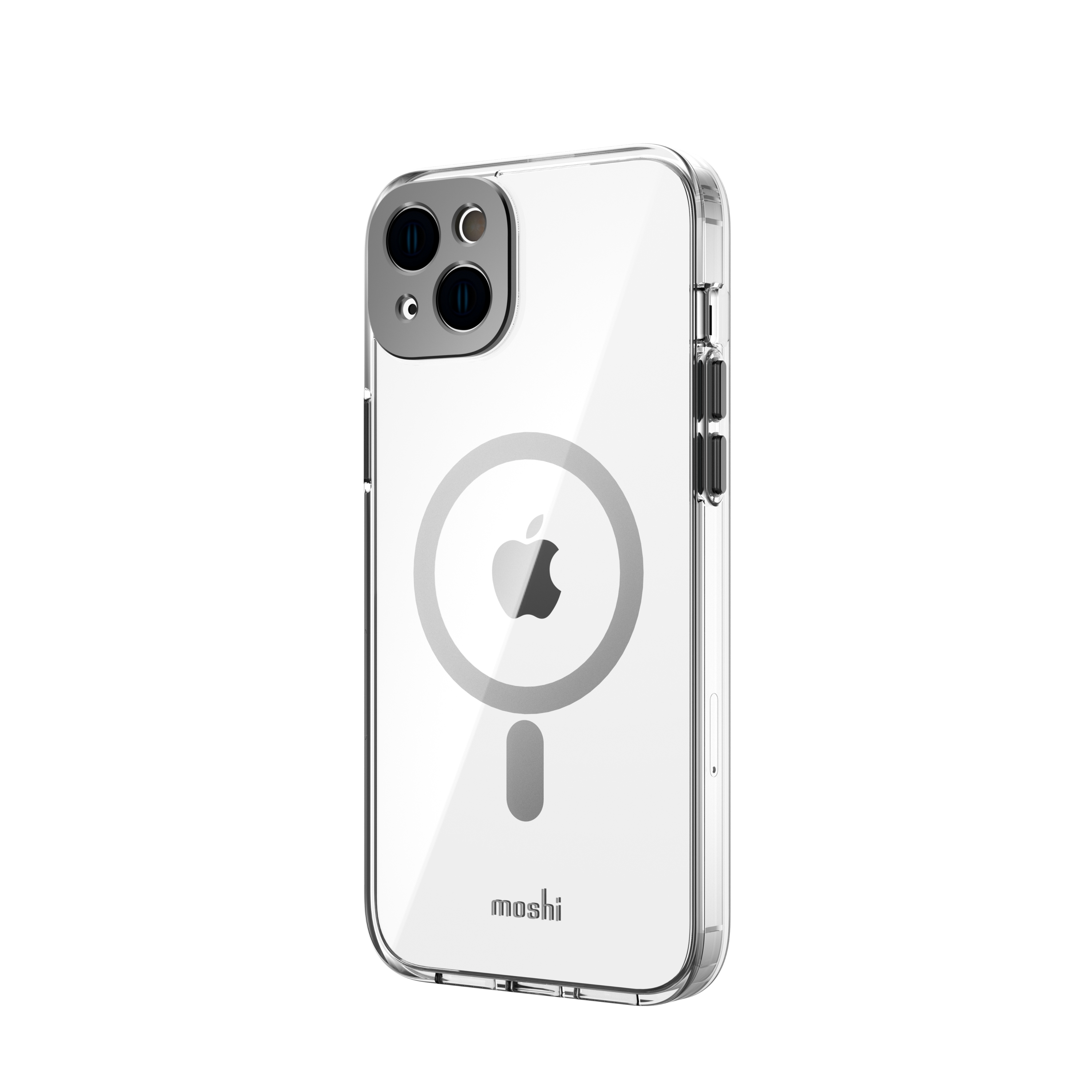 Custodia trasparente per iPhone con logo Apple nero e fotocamera. La custodia ha un anello magnetico. Il marchio 'moshi' è stampato.