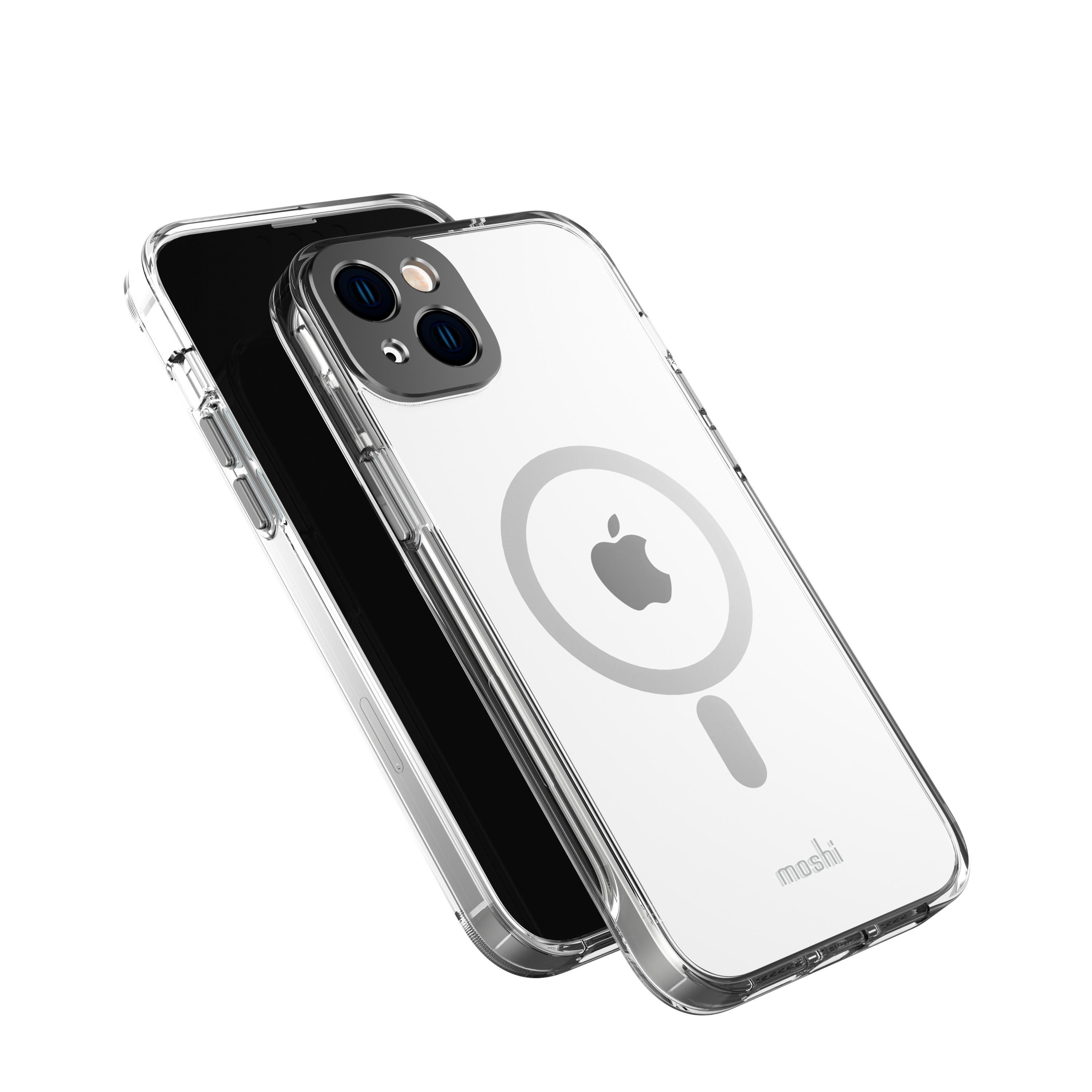 Due custodie trasparenti per telefono, una sull'altra, leggermente angolate. Le custodie hanno un logo Apple grigio e il marchio 'moshi'.