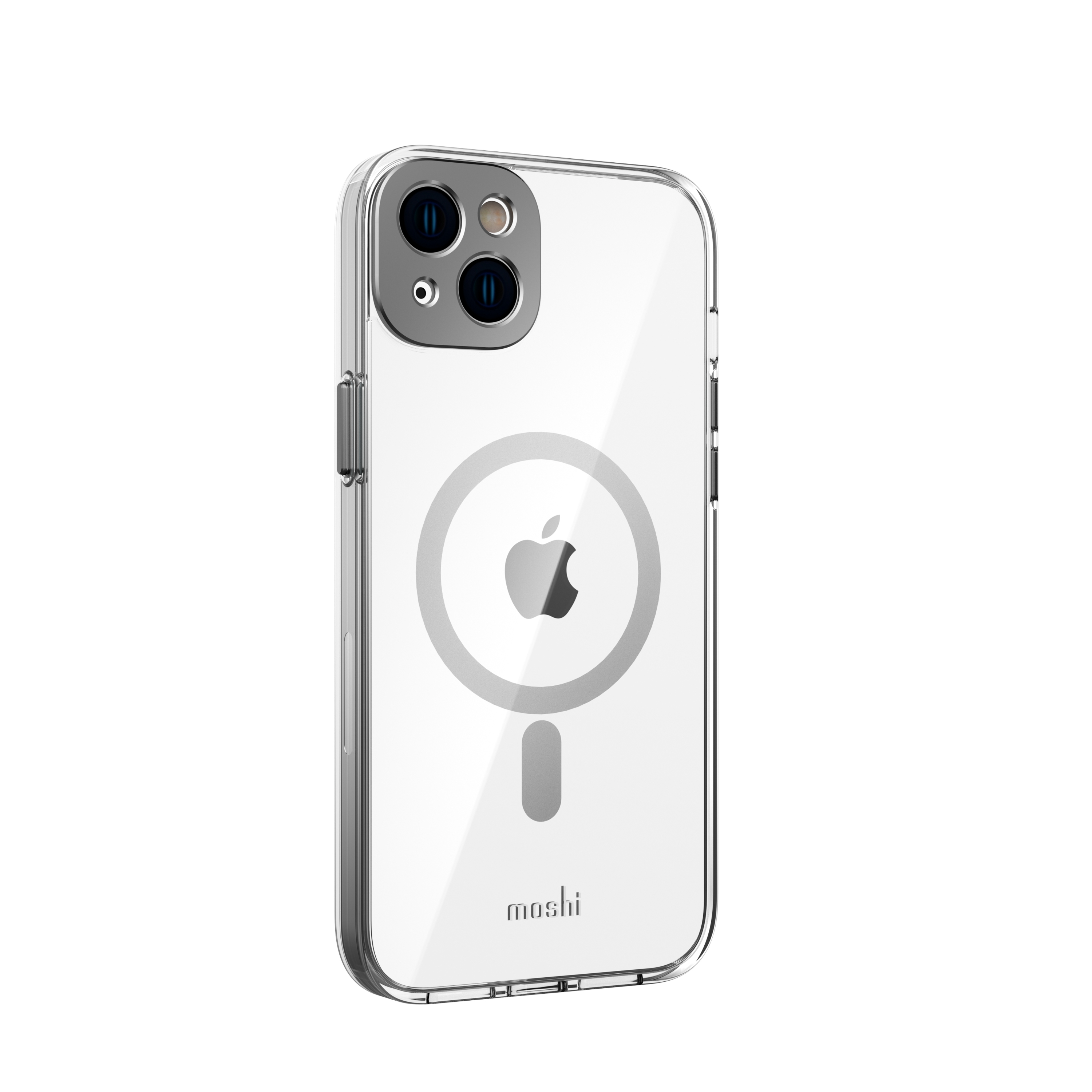 Una custodia trasparente per iPhone. Il retro ha il logo Apple e il logo Moshi. La custodia protegge il telefono.