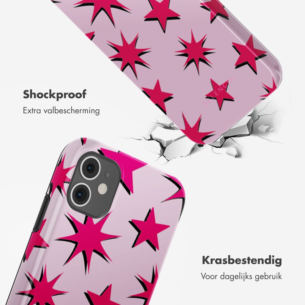Roze telefoonhoesje met rode sterren, gebarsten wit oppervlak, teksten: 'Schokbestendig' en 'Krasbestendig'.