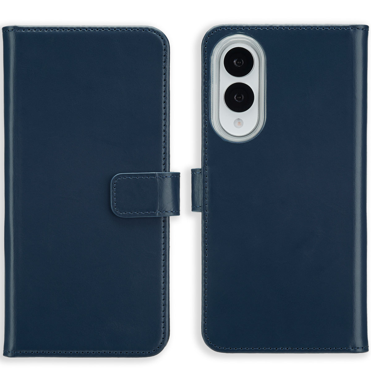 Een donkerblauwe telefoonhoes open, met de telefoon met camera's. De linkerkant heeft een flap met een magnetische sluiting.