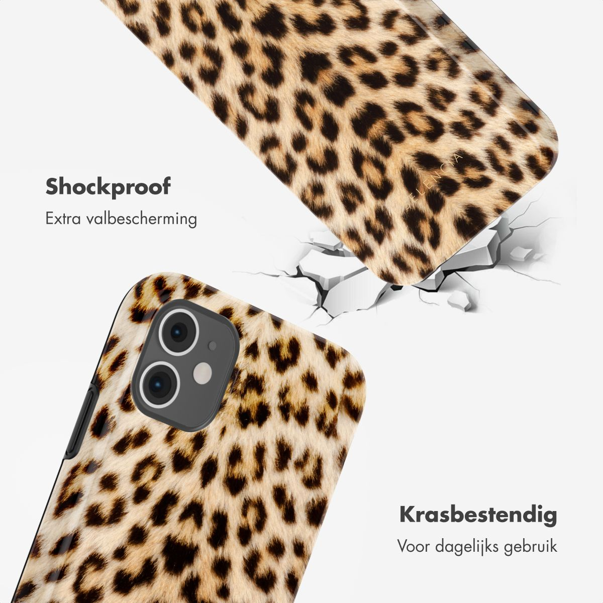 Deux coques de téléphone avec imprimé léopard. L'une est fissurée. Texte : Antichoc, Protection supplémentaire contre les chutes, Résistant aux rayures.