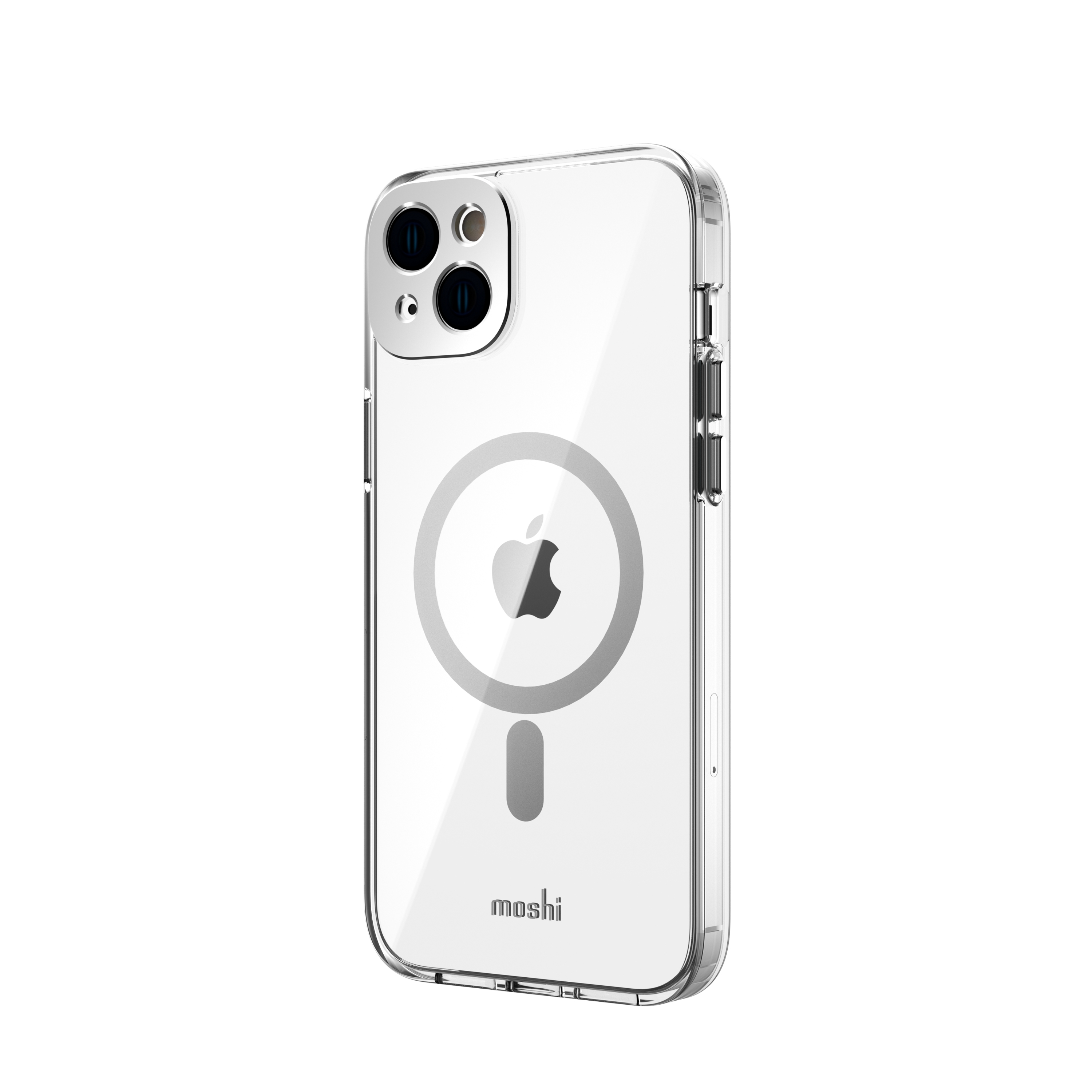 Custodia trasparente per iPhone con logo Apple e anello MagSafe, con due lenti della fotocamera.