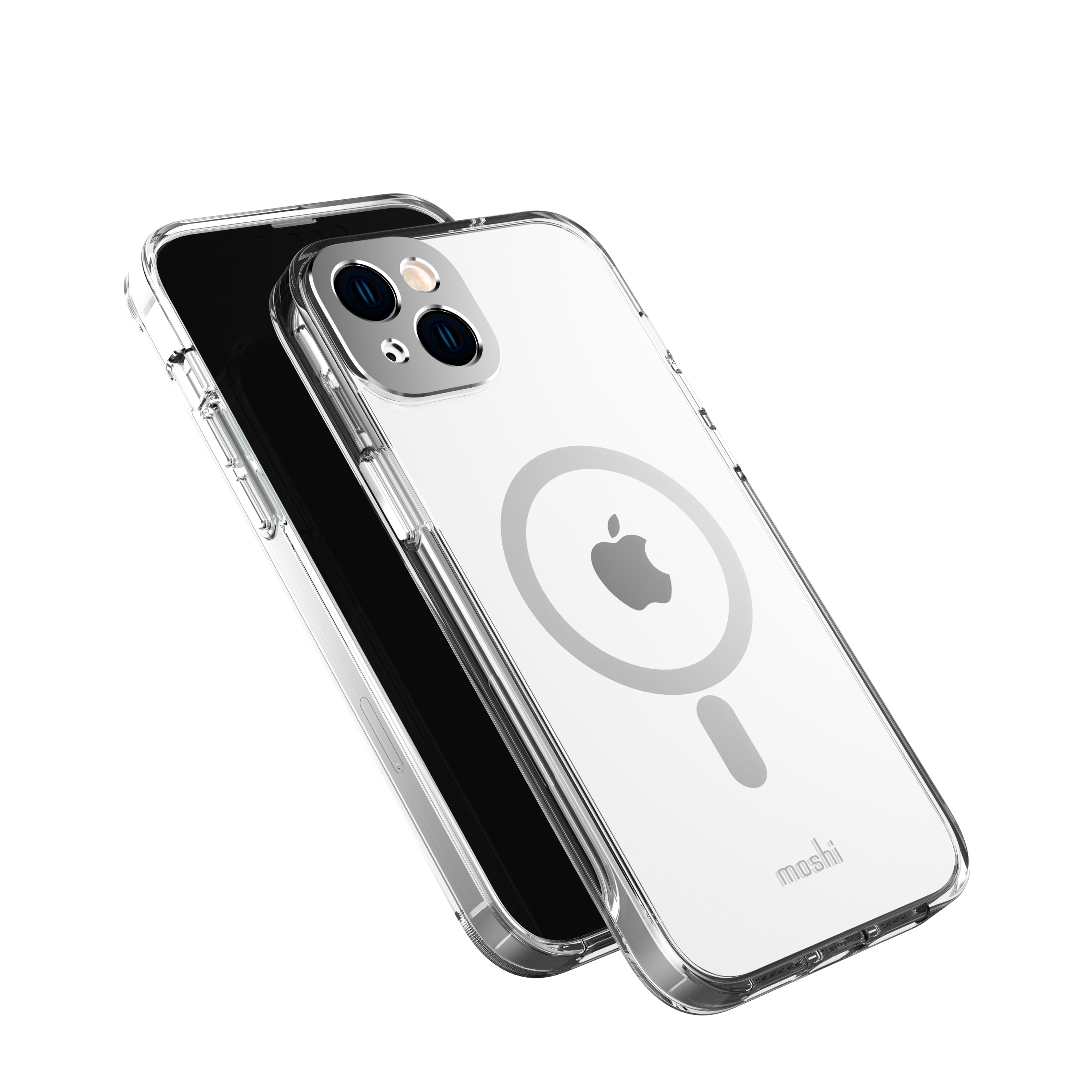 Custodia trasparente per telefono su sfondo bianco. Visibili le fotocamere del telefono e il logo Apple.