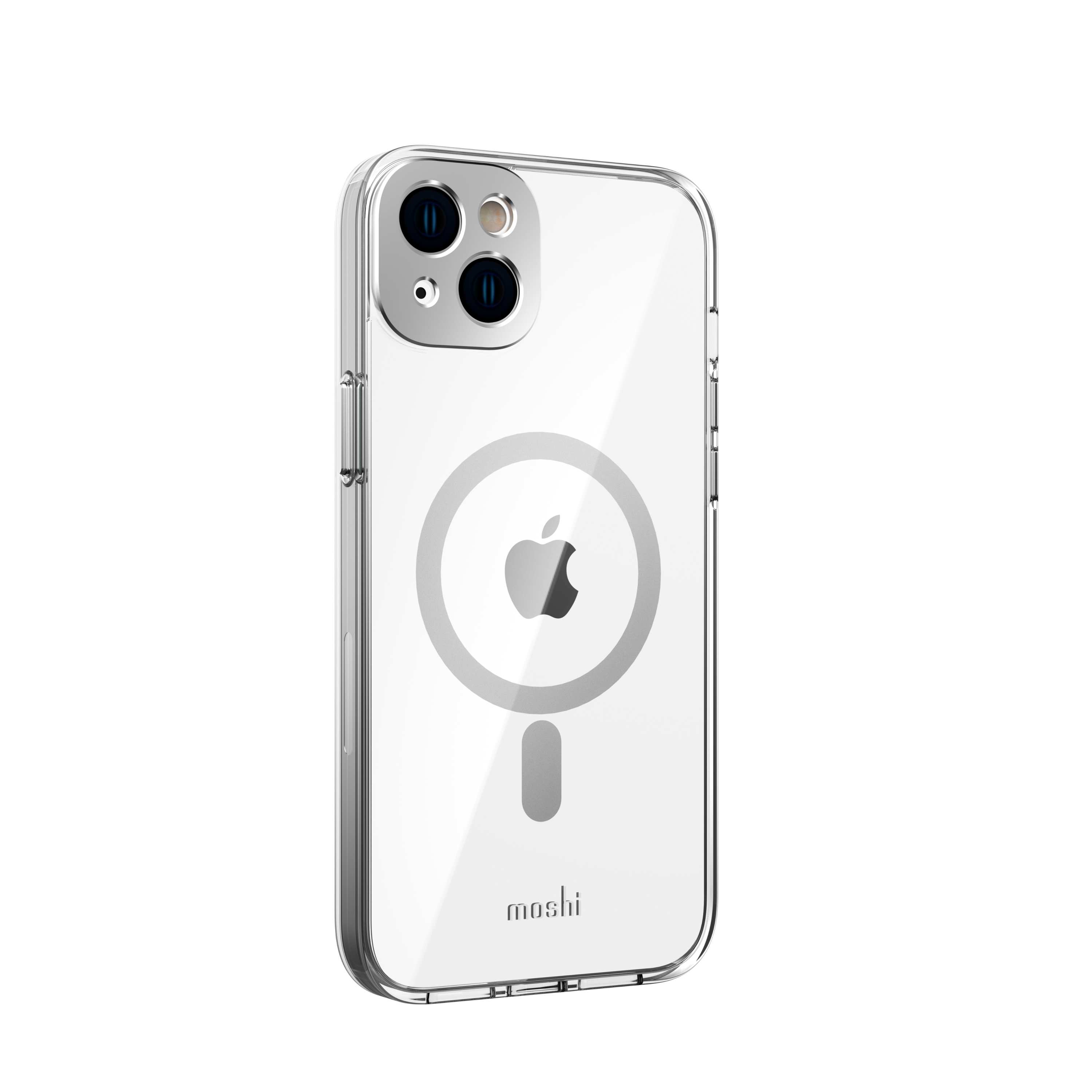 Custodia trasparente con lenti della fotocamera, logo Apple e marchio Moshi su sfondo bianco.