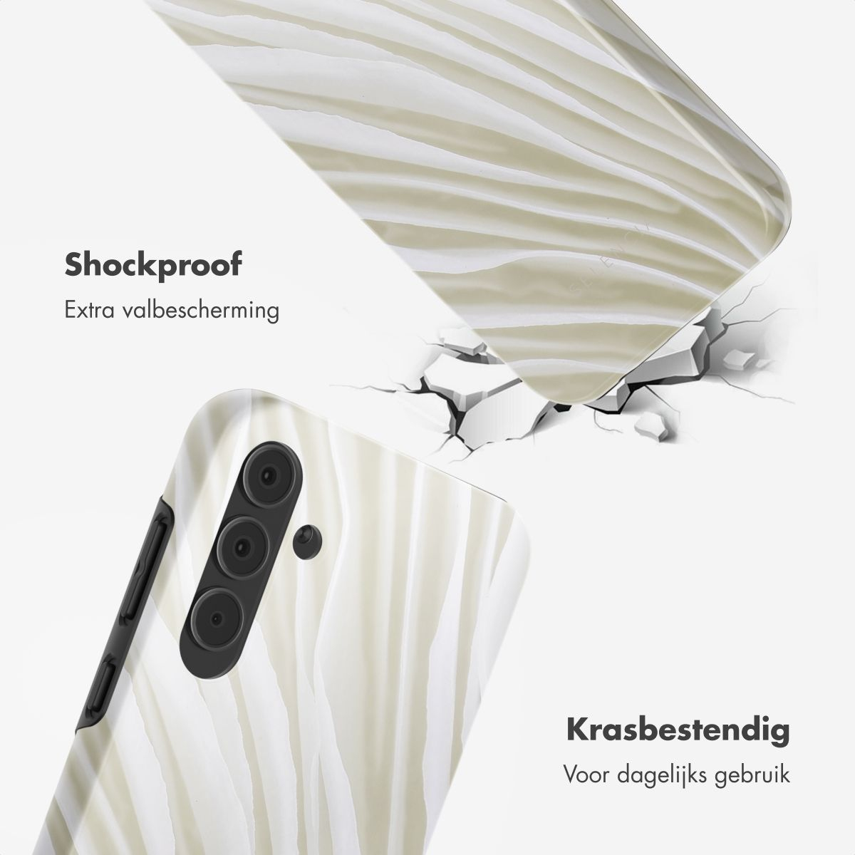 Telefoonhoesje met wit, golfachtig patroon. Schokbestendig en krasbestendig. Deels gebroken, wat valbescherming suggereert.