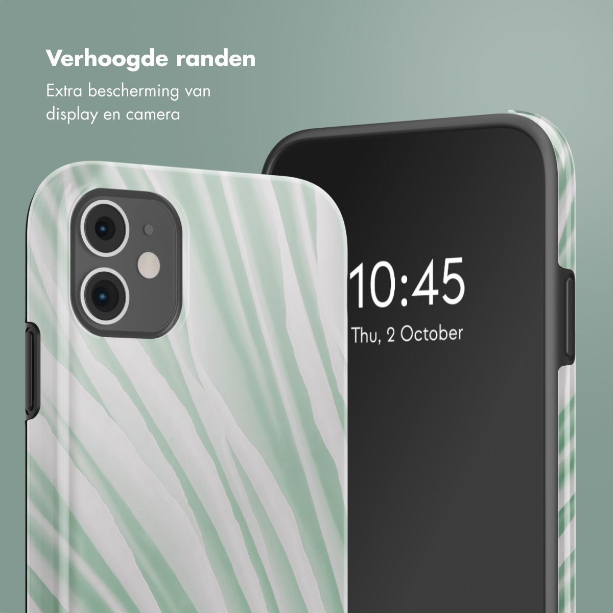 Due smartphone con custodie protettive. Una custodia è verde e bianca, l'altra è nera. Lo schermo mostra l'ora e la data.