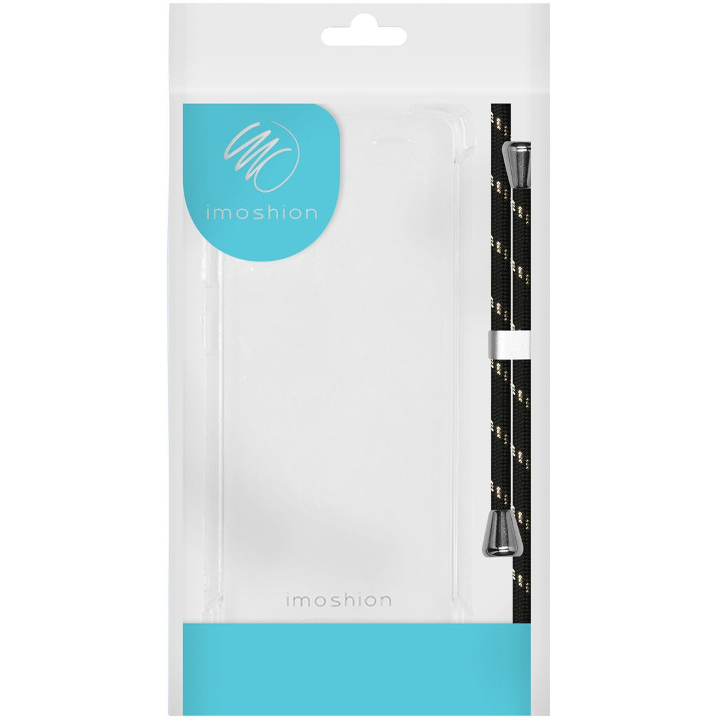Coque de téléphone transparente dans son emballage. Contient un cordon noir et blanc avec des extrémités métalliques argentées. Logo Imoshion.