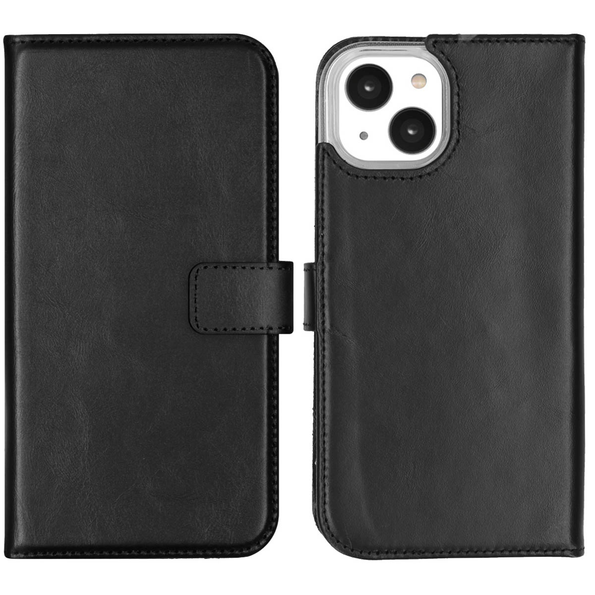 Zwarte leren telefoonhoes, open om de telefoon te laten zien. De telefoon heeft een transparante hoes. De hoes heeft een magnetische sluiting.