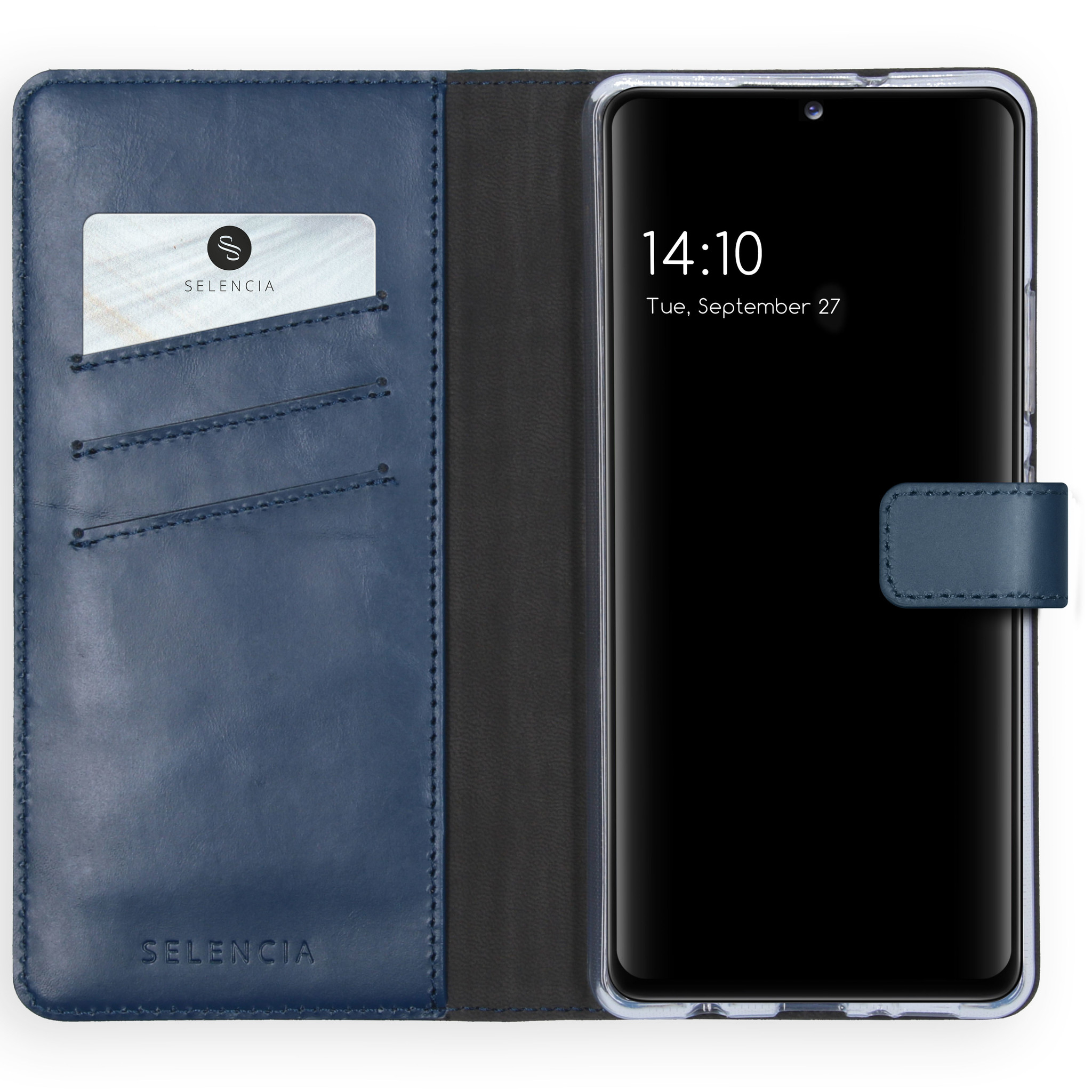 Étui de téléphone en cuir bleu ouvert, avec une carte. Le téléphone affiche 14:10, mardi 27 septembre.