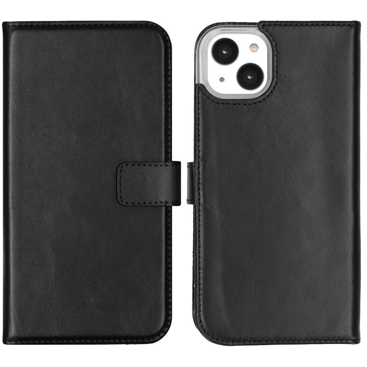 Zwarte lederen telefoonhoes, open. De linkerkant heeft een flap met magneetsluiting. De rechterkant houdt de telefoon vast.
