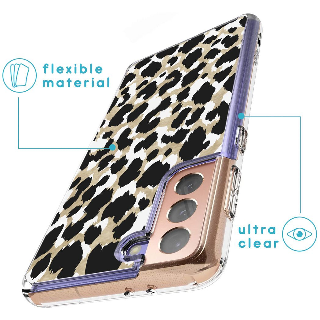 Une coque de téléphone avec un motif léopard. Elle comporte des étiquettes de texte comme 'matériau flexible' et 'ultra clair'.