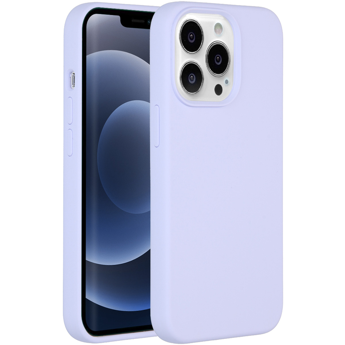 Een smartphone in een lila hoesje. Het telefoonscherm is zwart. De hoes heeft uitsparingen voor de camera en knoppen.