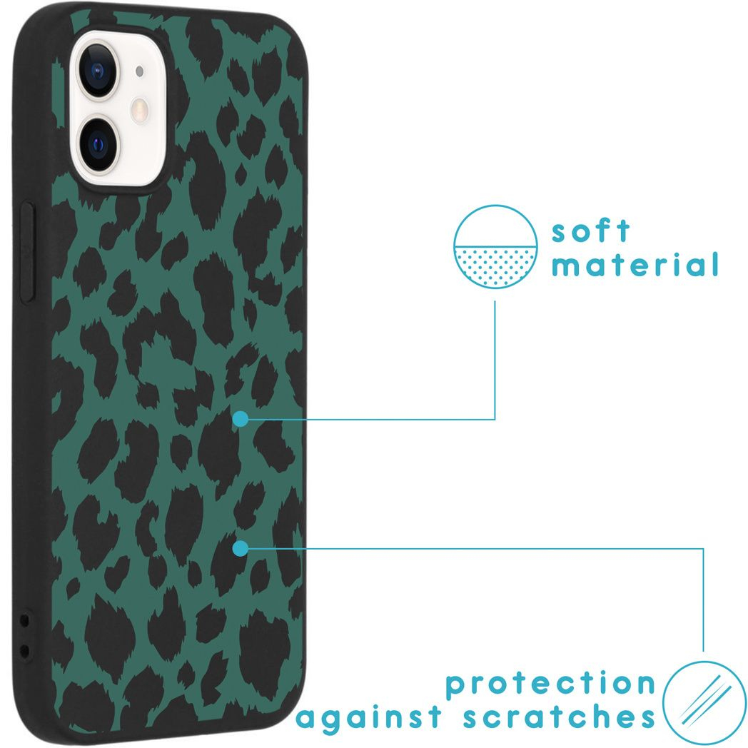 Custodia per telefono con stampa leopardata verde. Materiale morbido e protezione dai graffi. Sfondo bianco.