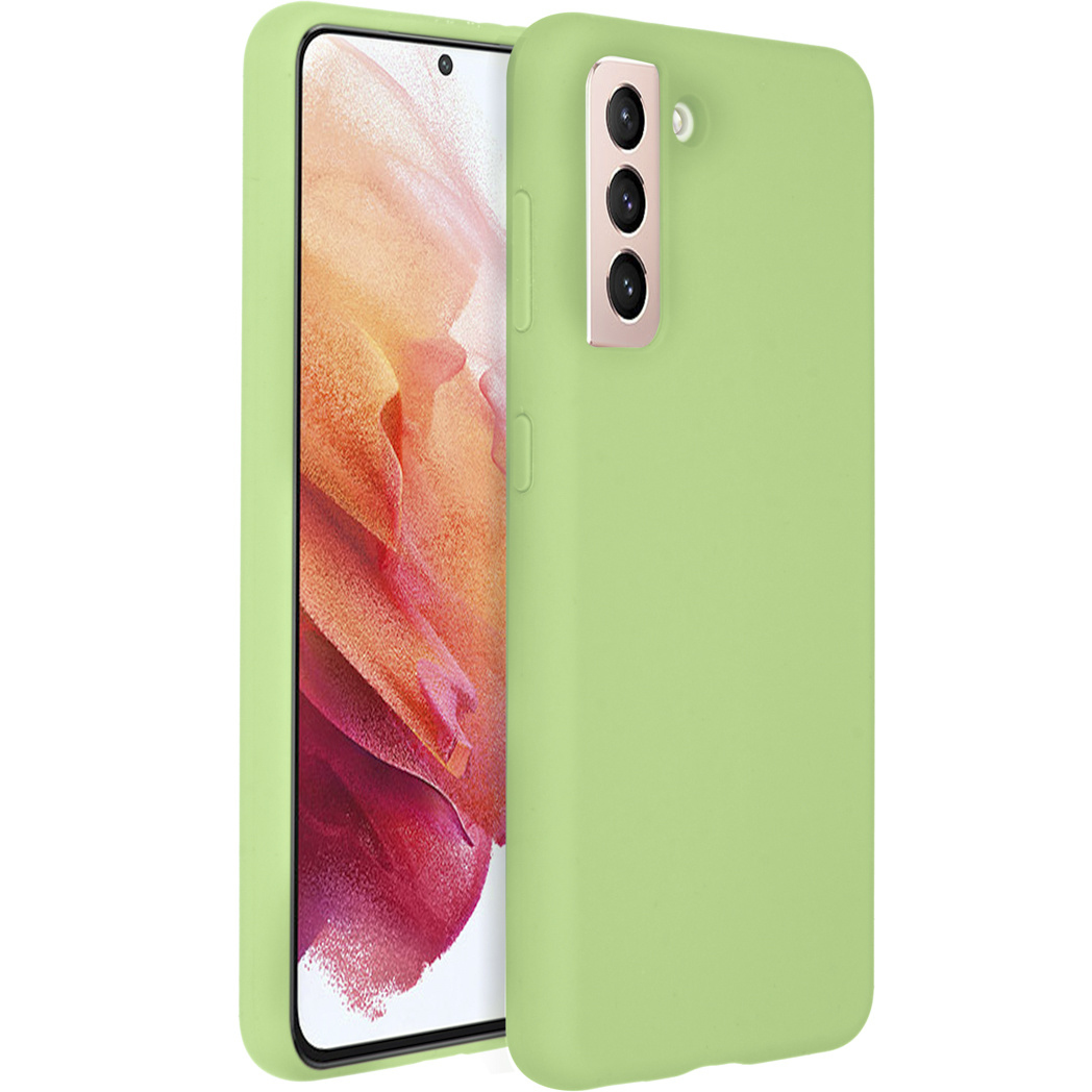 Una custodia per telefono verde chiaro e un telefono sono in mostra. Il telefono è visibile con il suo schermo ed è all'interno della custodia.