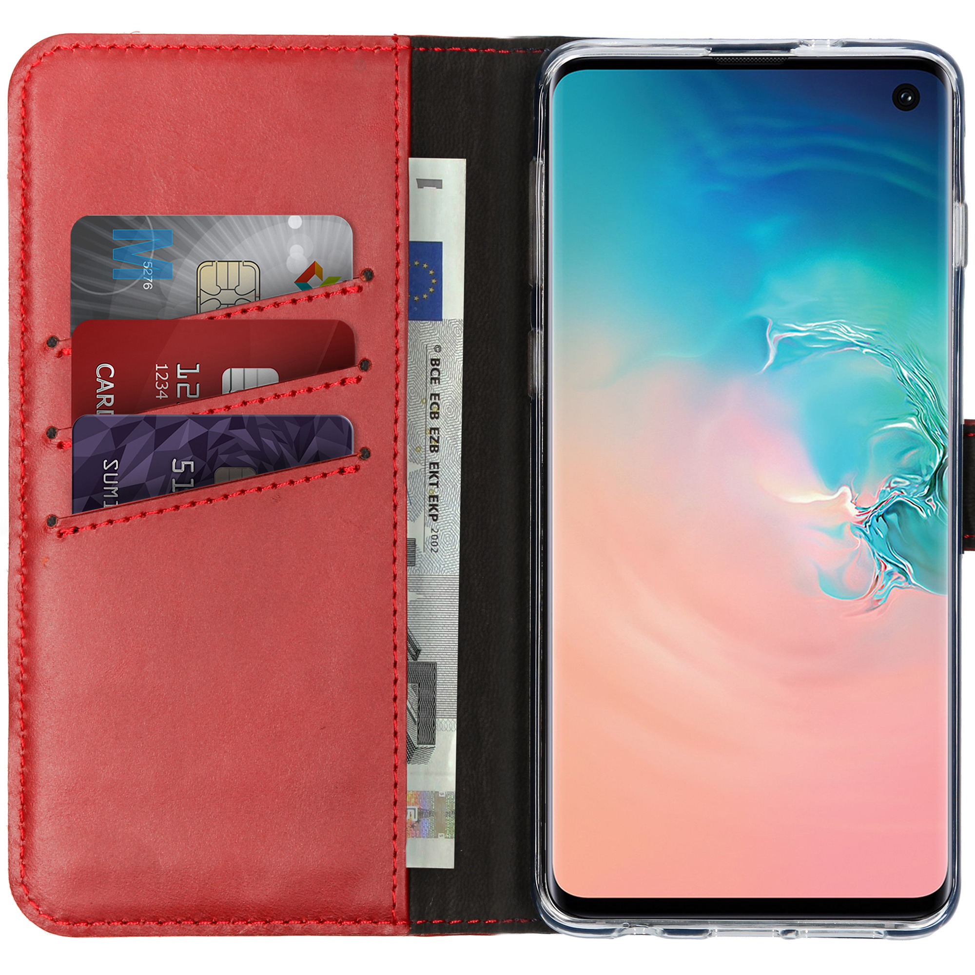 Rode leren telefoonhoes met kaarten en een eurobiljet. Een smartphone aan de rechterkant. De hoes is open.