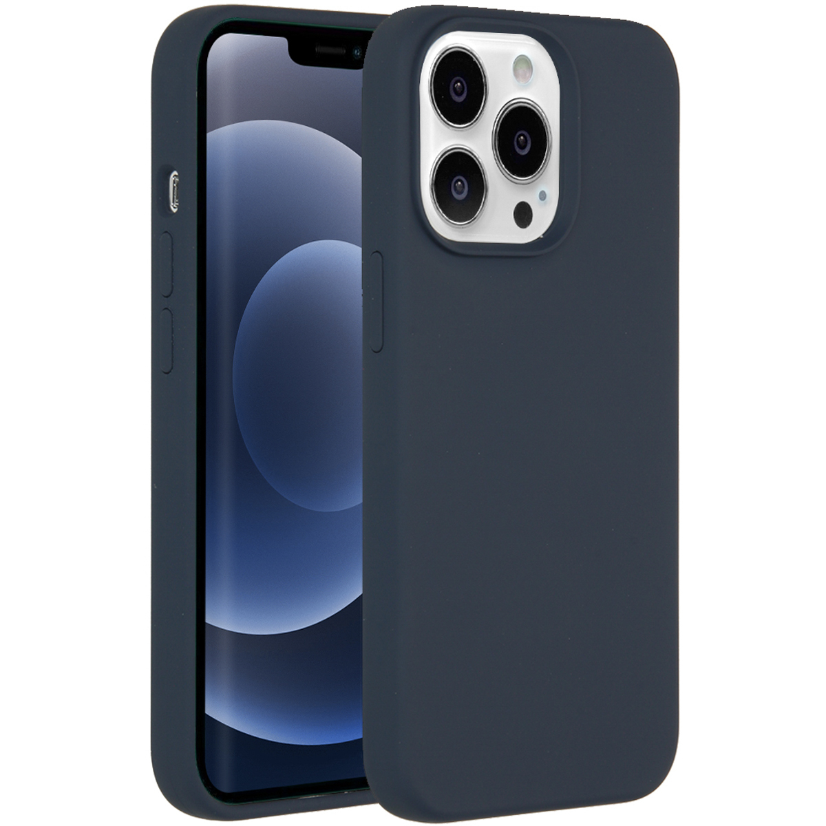 Une coque de téléphone bleu foncé à côté d'un téléphone à écran bleu foncé. Le téléphone a trois caméras.