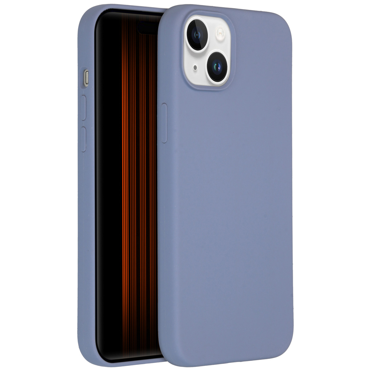 Een telefoon in een blauwe hoes. Het scherm toont verticale oranje lijnen. De hoes heeft uitsparingen voor de camera en knoppen.