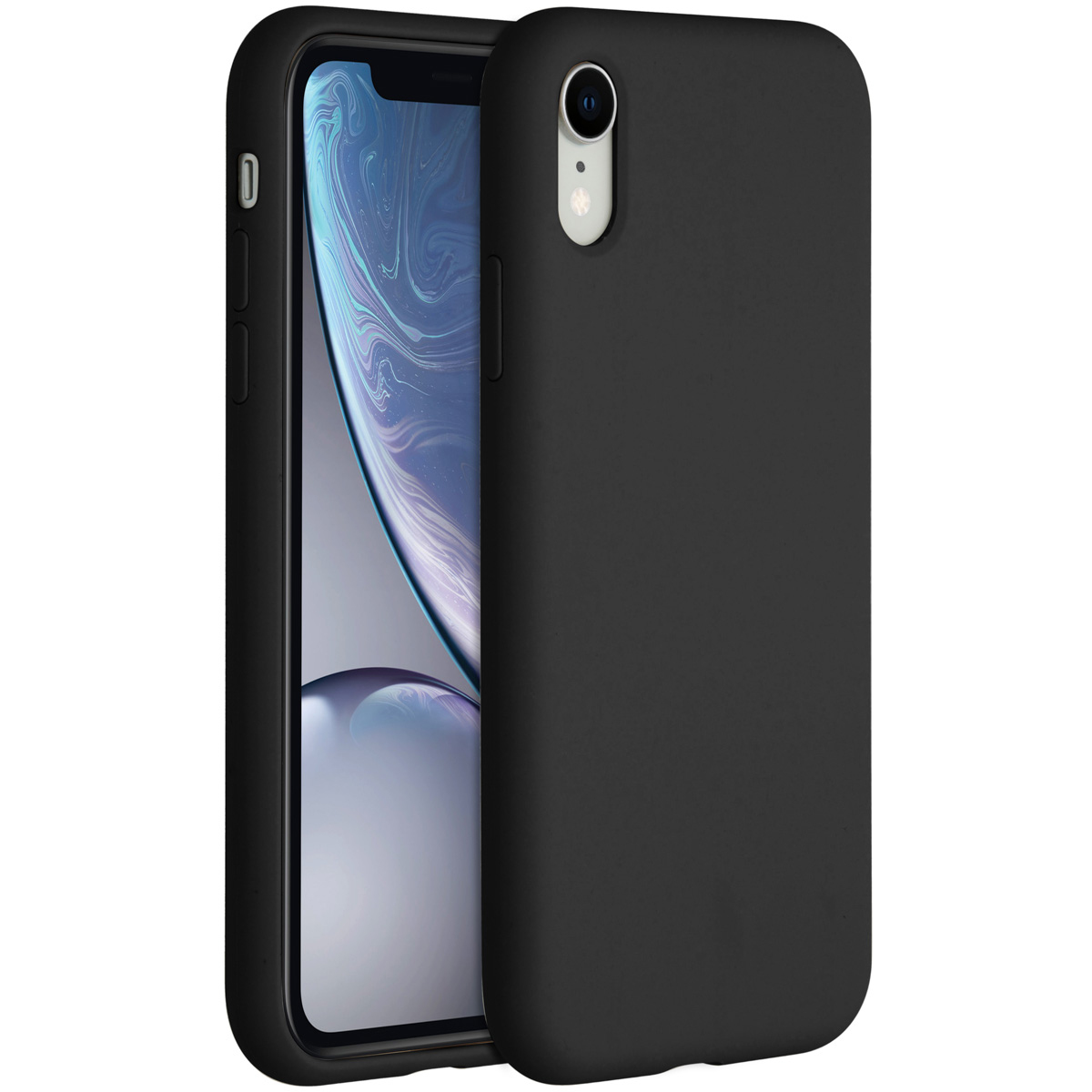 Un iPhone Xr noir dans un étui noir. Le téléphone est légèrement ouvert, révélant l'écran. L'étui est mat et protecteur.