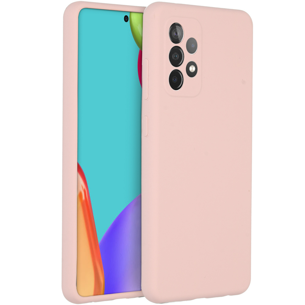 Coque de téléphone rose avec téléphone à l'intérieur. Le téléphone a un écran bleu et des graphiques colorés. Coque avec trous caméra.