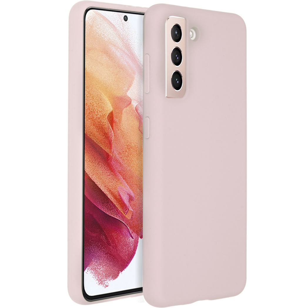 Une coque de téléphone rose avec un téléphone. Le téléphone a un écran aux couleurs abstraites et trois caméras.