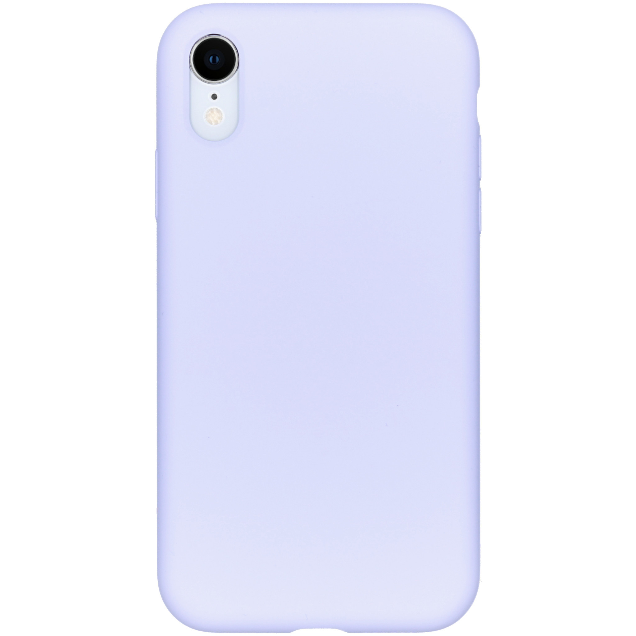 Une coque de téléphone violet clair, avec appareil photo et flash. La coque est lisse et a des coins arrondis. Fond blanc.