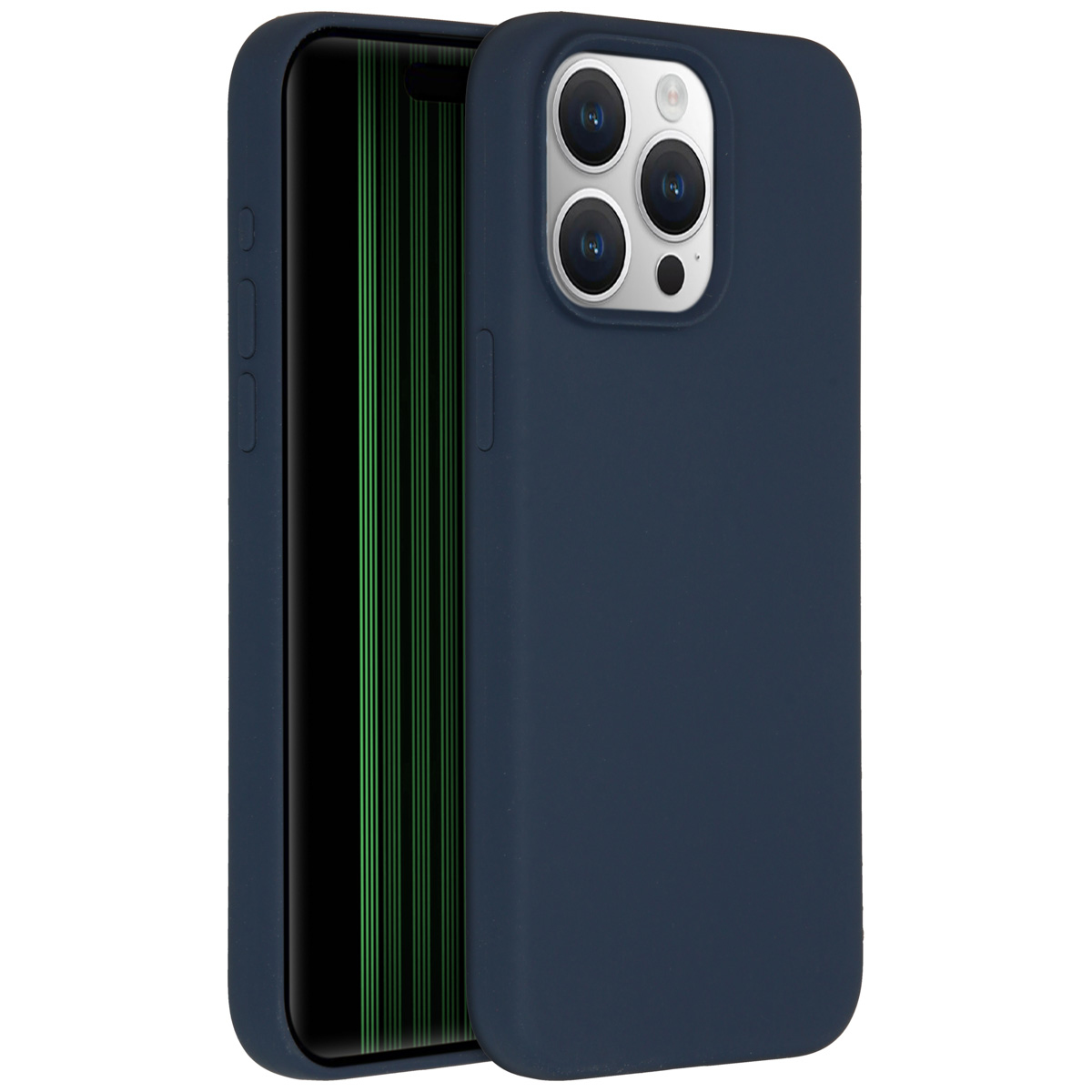 Een marineblauwe telefoonhoes en een telefoon. Het telefoonscherm toont groene lijnen. De telefoon heeft drie camera's.