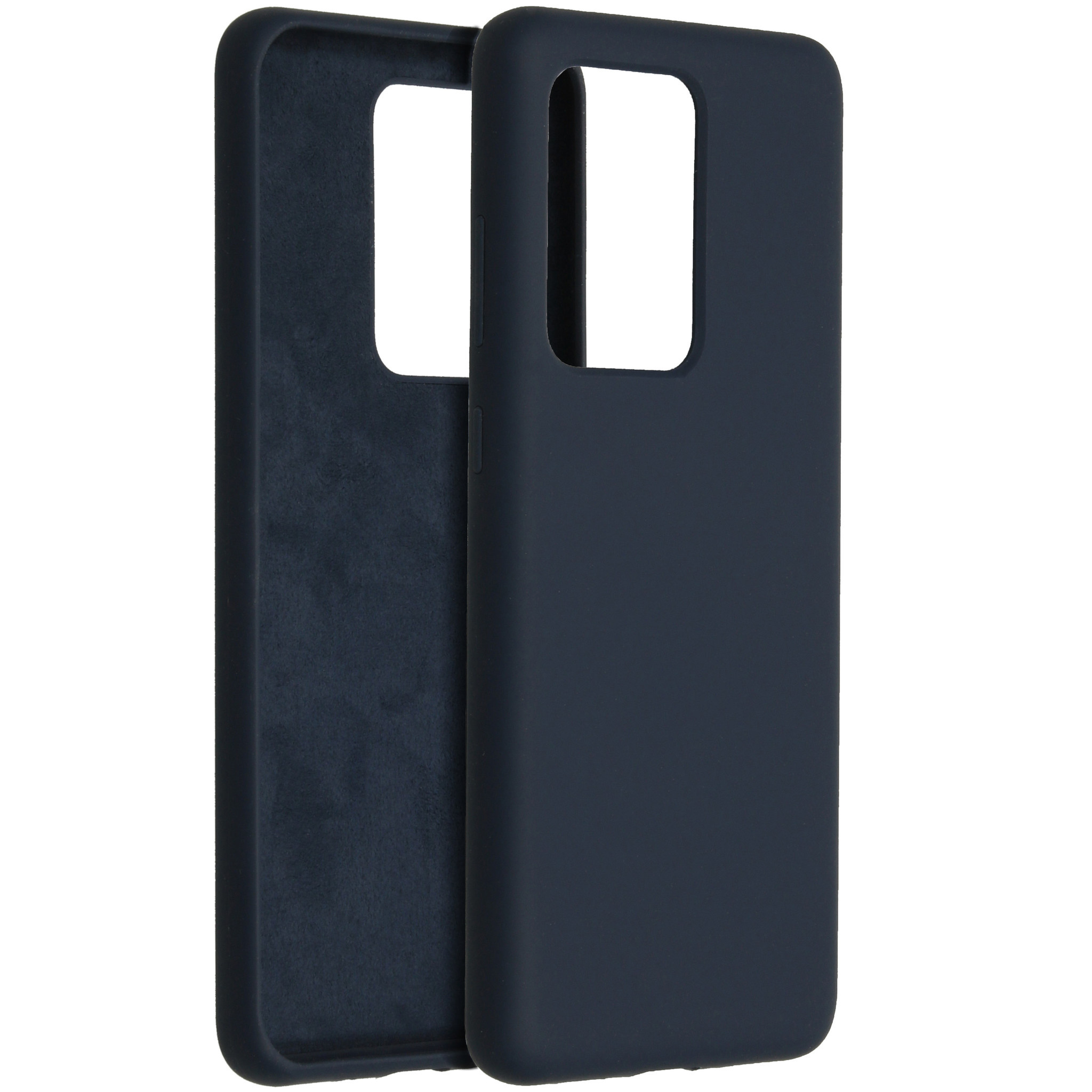 Twee donkerblauwe telefoonhoesjes. Eén is open, de binnenkant zichtbaar. Beide hebben camera-uitsparingen en staan op een witte achtergrond.