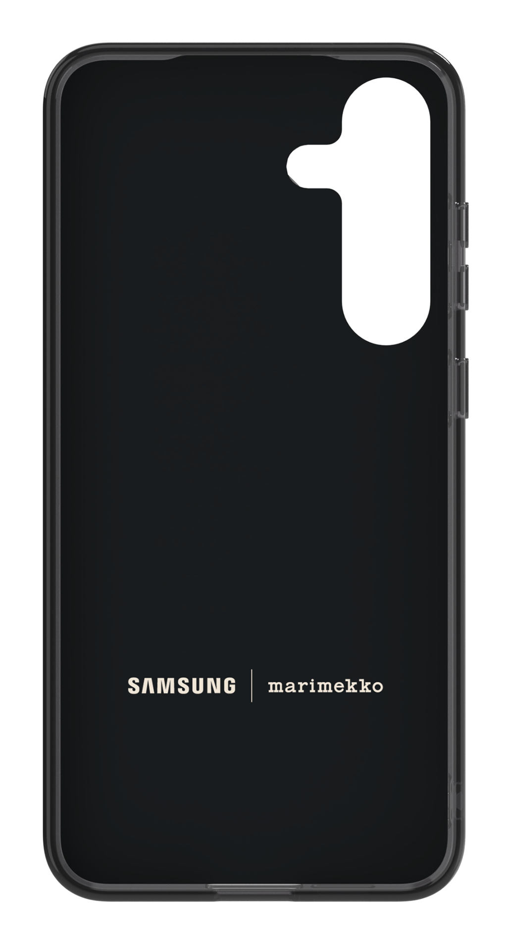 Una custodia nera con un ritaglio bianco. I loghi Samsung e Marimekko sono in basso.