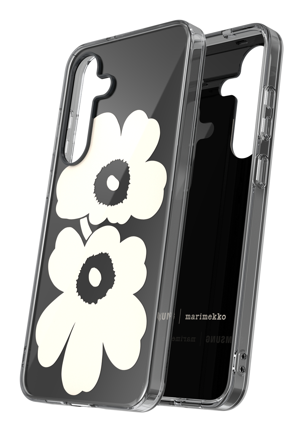 Custodia trasparente per telefono con due fiori bianchi e sfondo nero. Logo Marimekko in basso.