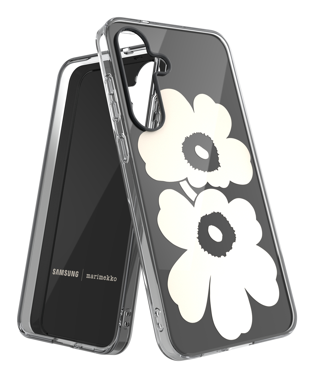 Una custodia trasparente per telefono con design a fiori bianchi, accanto a un telefono. La custodia ha i loghi Samsung e Marimekko.