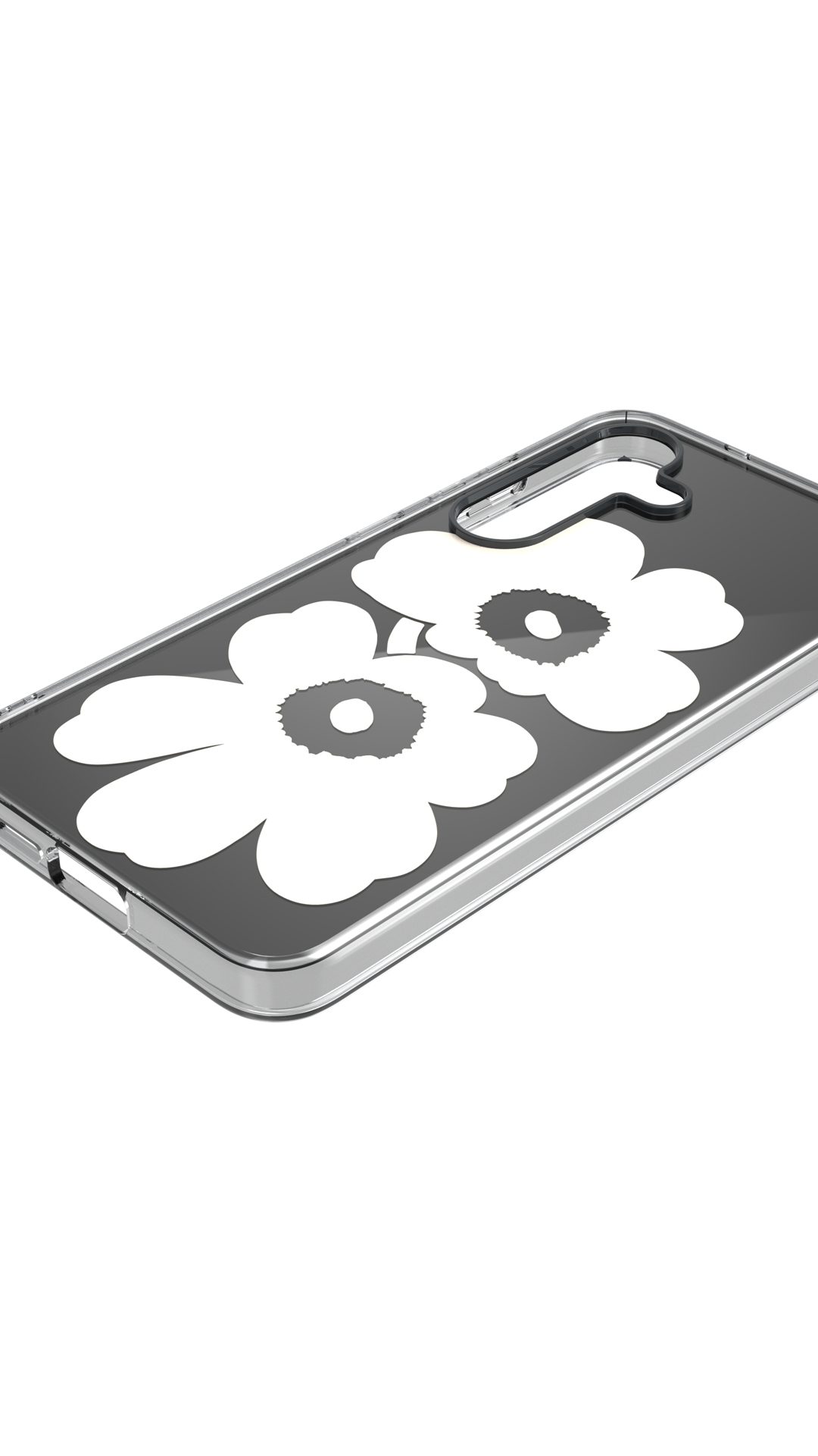 Una custodia per telefono con un disegno di fiori bianchi su sfondo grigio. La custodia ha una cornice argentata e si trova su una superficie bianca.