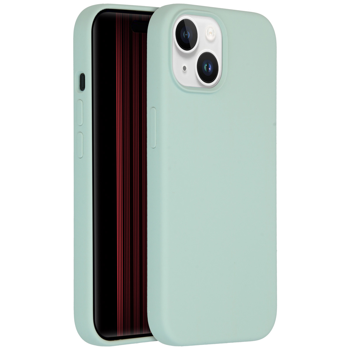 Een mintgroene telefoonhoes met een telefoon erin. Het scherm van de telefoon is zwart met rode verticale strepen.