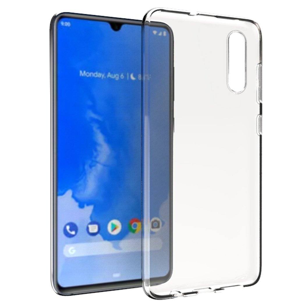 Un smartphone avec une coque de protection transparente. L'écran affiche la date et des icônes d'applications. La coque est à droite.