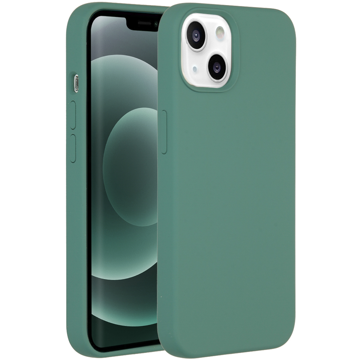 Twee groene telefoonhoesjes. Eén open, onthult het scherm. De andere is een effen groen hoesje, met de camera.